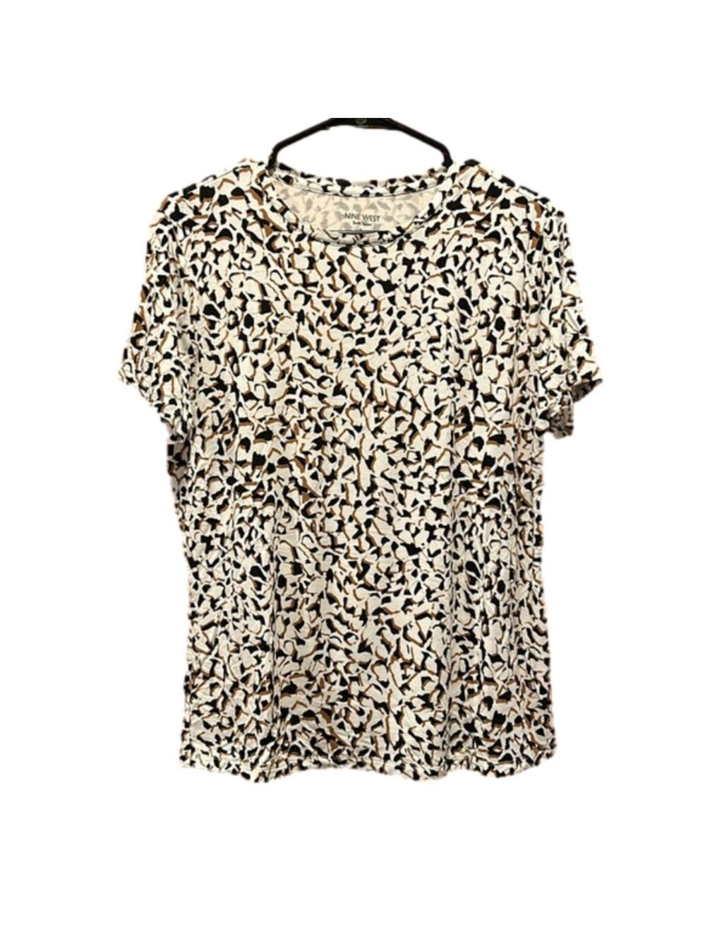 Nine West Lightweight Soft Spun White Crew Neck Tee w/ a Black and Brown Pattern